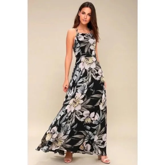 LULUS Love Abloom Black Floral Print Lace-Up Maxi Dress Size XS - Picture 3 of 10
